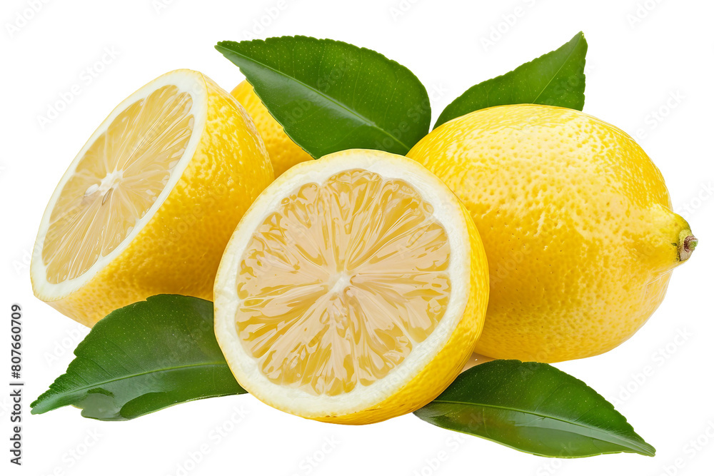 Yellow Lemon with Leaf, a Whole Lemon and Half Isolated on a Transparent Background