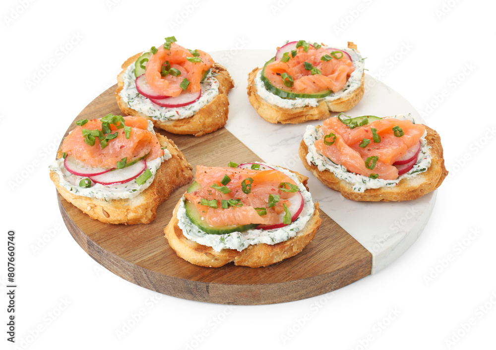 Tasty canapes with salmon, cucumber, radish and cream cheese isolated on white Tasty canapes with salmon, cucumber, radish and cream cheese isolated on white