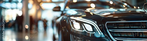 Close-up of the headlights of a modern car in a car dealership © Obsidian