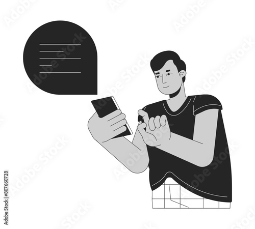 Plus sized hindu man texting black and white 2D line cartoon character. Obese male using chat on smartphone isolated vector outline person. Healthy body positive monochromatic flat spot illustration