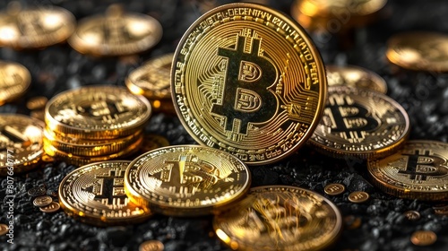 A Lot Of Bitcoin Crypto currency Gold Bitcoin BTC Bit Coin Close up shot of Bitcoin coins isolated on black background Blockchain technology, bitcoin mining concept 3d rendering