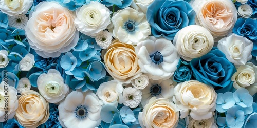Floral Wallpaper with Multicolored Flowers. Colorful Mother's Day Background with Turquoise, Blue and White Roses.