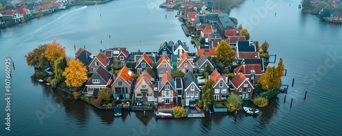 Aerial view of houses on the water, Scheendijk, Netherlands. photo