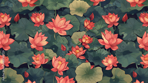 Lush Red Lotus Blossoms in a Verdant Pond