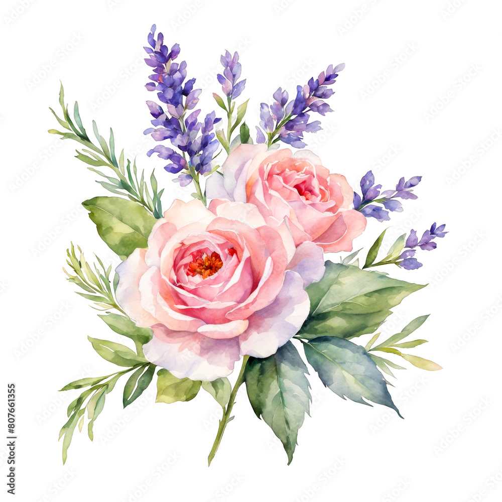 Bouquet garden roses and spring lavender flowers watercolor illustration clipart isolated clipart