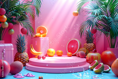 Empty stylish podium 3D mockup background for beauty product presentation. Summer transparent copy space platform surrounded by palm leaves . Cosmetics, perfume or home goods advertising stand.