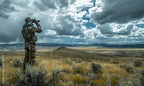 A man in full camouflage stands looking through binoculars while bowhunting in the backcountry of Valles Caldera National Preserve, New Mexico, with thunderclouds in the distance photo