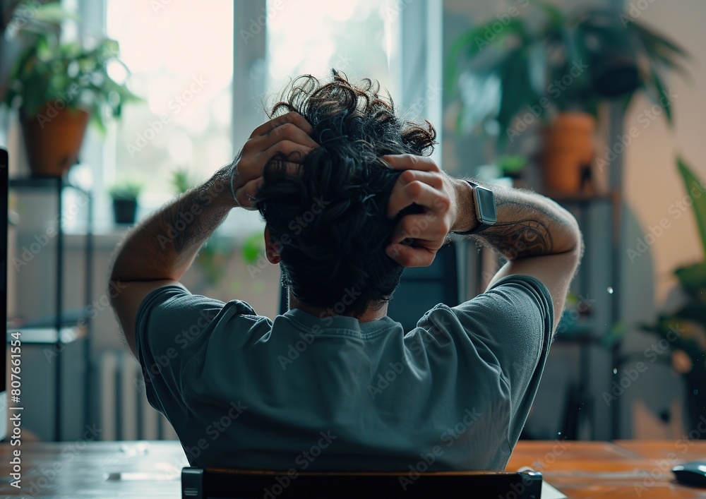 rear view of young man sitting at table in office stressed over work. Frustration in office. rear view of young man sitting at table in office stressed over work. Frustration in office.