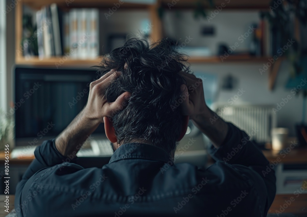 A young man is sitting in front of a computer. He has a headache. Frustration over work. A young man is sitting in front of a computer. He has a headache. Frustration over work.