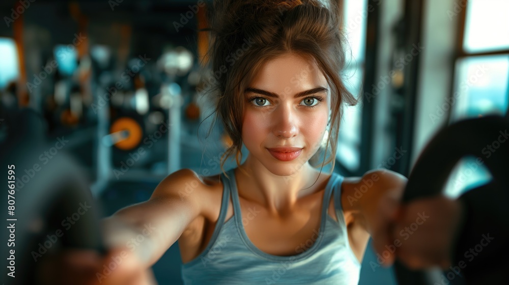 Serious young sporty girl in a gym with beautiful face and skin as healthy active lifestyle concept