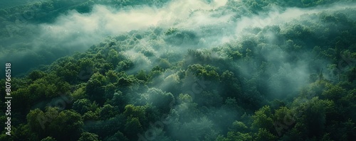 Aerial view of foggy forest during morning mist in Bosnia and Herzegovina. © Coosh448