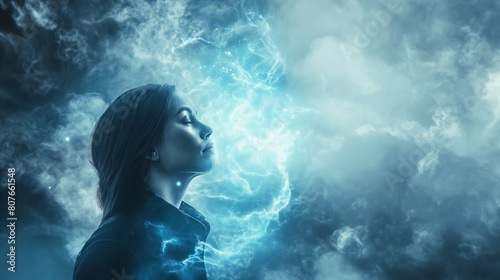 Woman stands serenely with her eyes closed, surrounded by a luminous blue energy aura amidst a tumultuous, cloud-filled sky, evoking a sense of mystic calm.