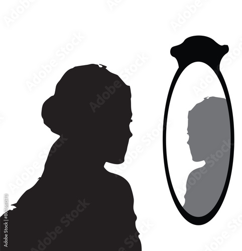 Young woman looking through the mirror and smiling. Self love. Love yourself. Vector eps