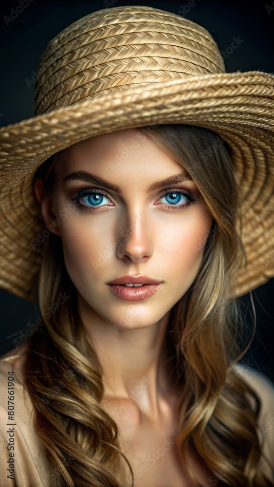 Beautiful woman with blue eyes and straw hat, portrait photography, beautiful skin, beautiful face details, professional studio lighting Beautiful woman with blue eyes and straw hat, portrait photography, beautiful skin, beautiful face details, professional studio lighting