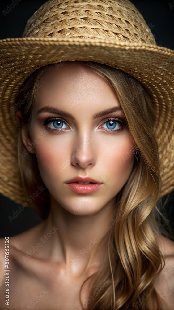 Beautiful woman with blue eyes and straw hat, portrait photography, beautiful skin, beautiful face details, professional studio lighting Beautiful woman with blue eyes and straw hat, portrait photography, beautiful skin, beautiful face details, professional studio lighting