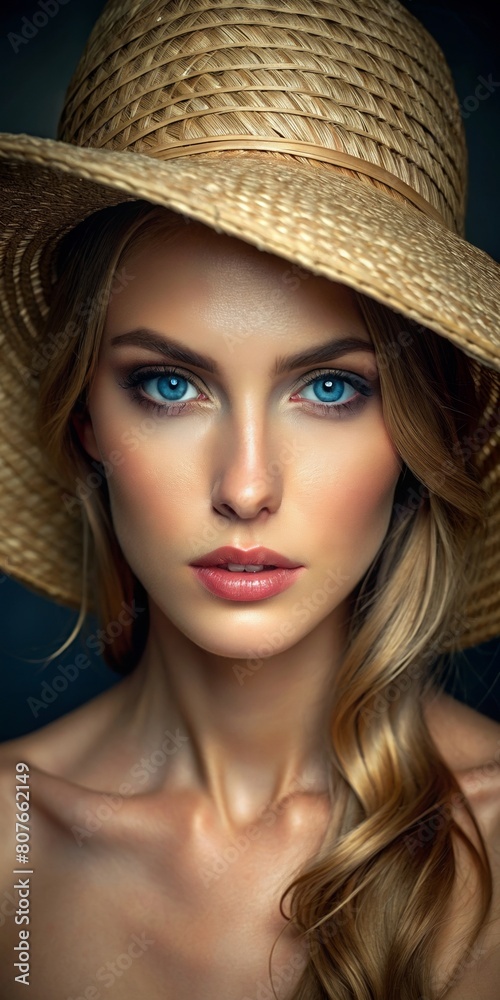 Beautiful woman with blue eyes and straw hat, portrait photography, beautiful skin, beautiful face details, professional studio lighting Beautiful woman with blue eyes and straw hat, portrait photography, beautiful skin, beautiful face details, professional studio lighting