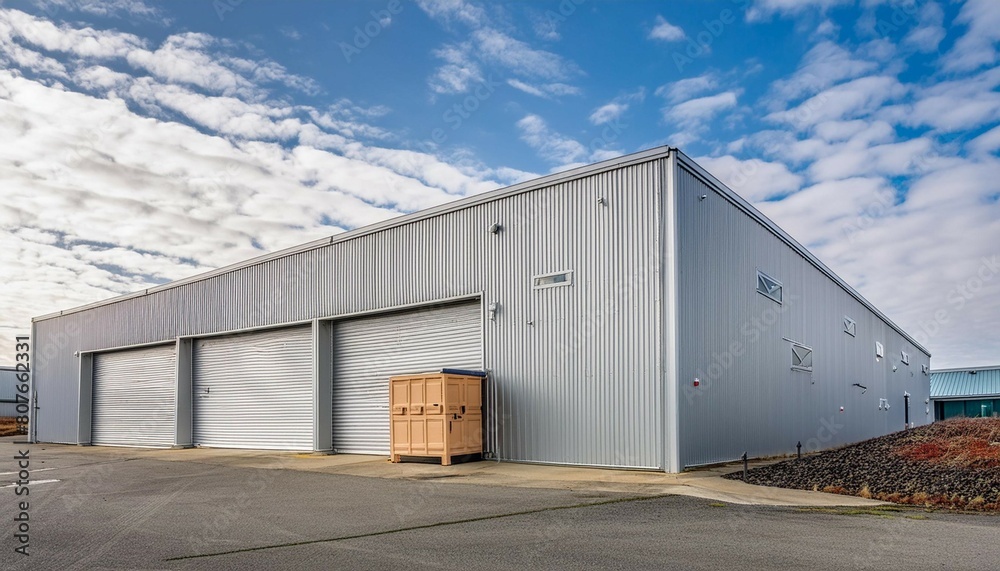 Exterior of a modern warehouse with a small office unit Exterior of a modern warehouse with a small office unit
