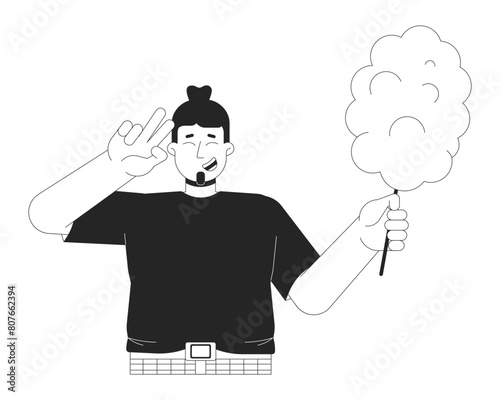 Joyful plus sized man with cotton candy black and white 2D line cartoon character. Caucasian male with overweight isolated vector outline person. Body positive monochromatic flat spot illustration