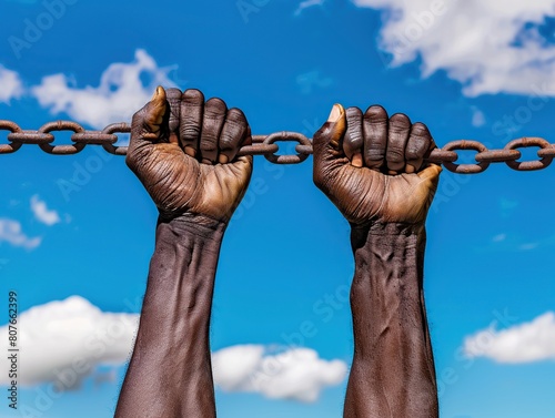Hands up gripping chains up to the blue sky. Conceptual image of human rights. photo