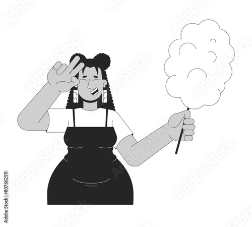 Curvy latina woman with candy floss black and white 2D line cartoon character. Latin american obese female showing v sign isolated vector outline person. Lifestyle monochromatic flat spot illustration