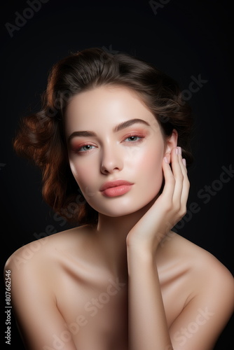 Young Woman Showing Flawless Skin After Beauty Routine Perfect Complexion and Daily Makeup on Dark Background