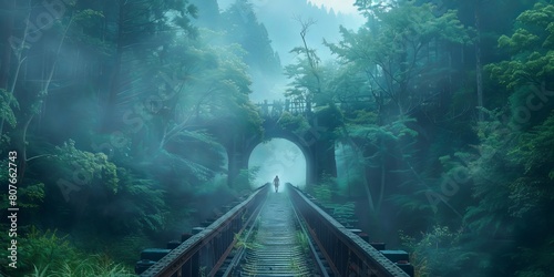 Misty forest railroad bridge with a lone woman walking