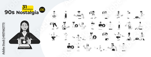 Nostalgic 1980s people black and white cartoon flat illustration bundle. Style retro teenagers diverse 2D lineart characters isolated. Leisure 90s hobbies monochrome vector outline image collection