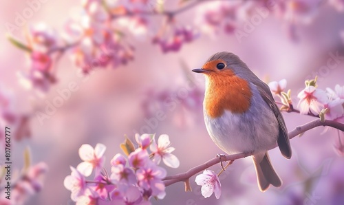 Robin bird in Spring season on a tree branch covered with purple flowers. © Coosh448