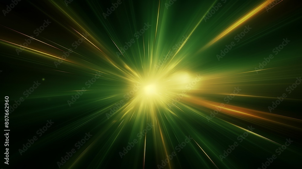 Obraz premium Ausbruch aus grünem Licht, abstrakte schöne Lichtstrahlen auf dunkelgrünem Hintergrund, goldgrün funkelnder Hintergrund mit Kopierraum
