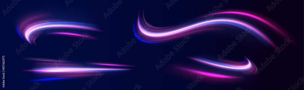 Lines in the shape of a comet against a dark background. Vortex streams of neon light. Magic of moving fast lines. Laser beams, horizontal light rays. Vector.	