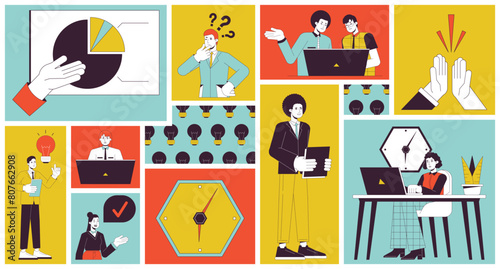 Brainstorming office workers bento grid illustration set. Collaboration working together 2D vector image collage design graphics collection. Ideas creative team flat characters moodboard layout