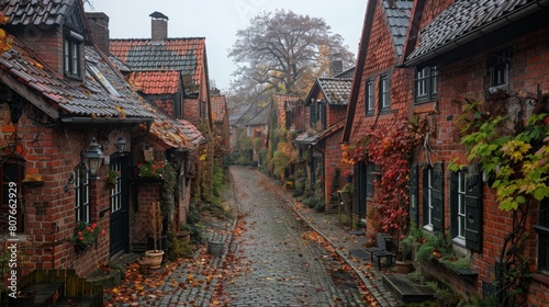 Photo a street with traditional red brick buildings and cobblestone roads.The photo captures the charm of the old world and a slightly hazy atmosphere. There is a white sky in the background