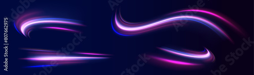 Lines in the shape of a comet against a dark background. Vortex streams of neon light. Magic of moving fast lines. Laser beams, horizontal light rays. Vector.	