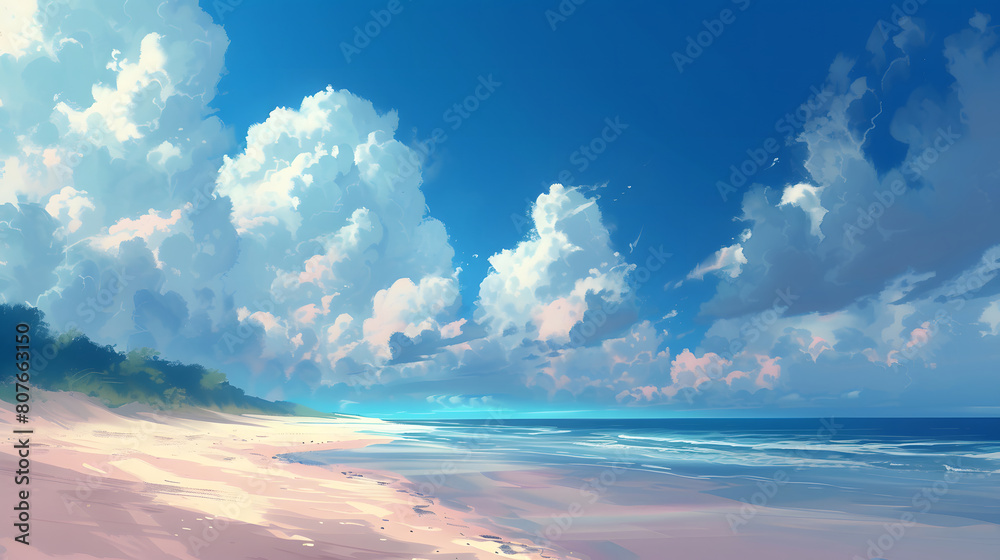Obraz premium A sense of calm pervades the beach, with the cloudy sky above adding a touch of drama to the tranquil scene below
