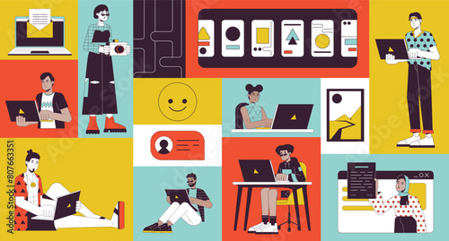 Telework people bento grid illustration set. Working from home 2D vector image collage design graphics collection. Telecommuting adults. Multinational freelancers flat characters moodboard layout