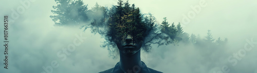 A surreal portrait of a man with trees growing out of his shoulders, standing in a misty forest photo