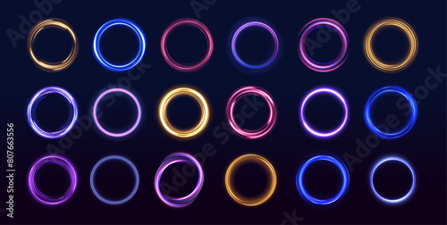Neon ellipse in the form of speed. Glowing spiral. Abstract neon color glowing lines background. The energy flow tunnel. Shine round frame with light circles light effect.	