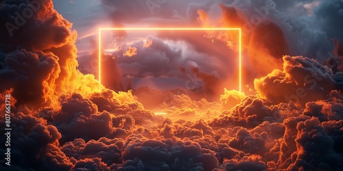 Futuristic Background Design. Cloud Formation with Orange and Yellow  Rectangle shaped Neon Frame.