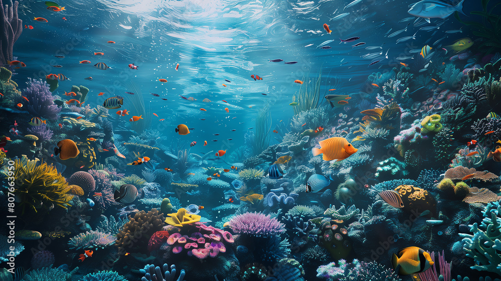 Fototapeta premium A colorful underwater scene with many fish and coral. Scene is vibrant and lively, with the bright colors of the fish and coral creating a sense of energy and movement