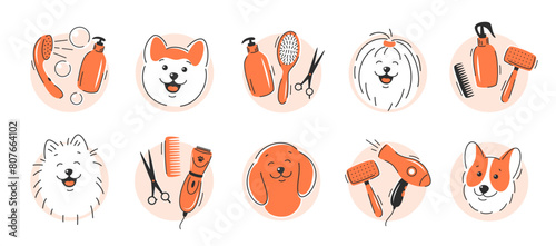 Different dogs and tools for animal hair grooming, haircuts, bathing, hygiene. Dog care. Vector illustration for pet care salon.