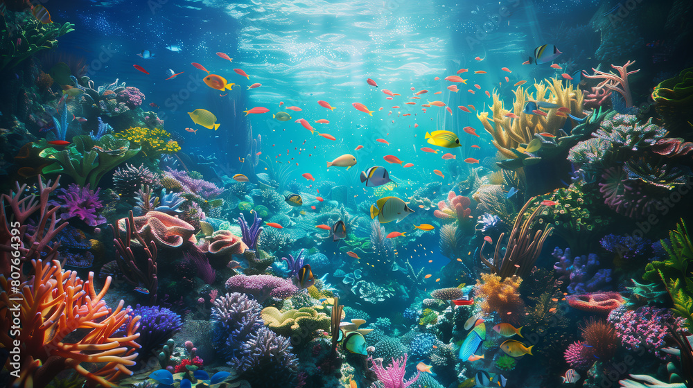 Fototapeta premium A colorful underwater scene with many fish and coral. Scene is vibrant and lively, with the bright colors of the fish and coral creating a sense of energy and movement