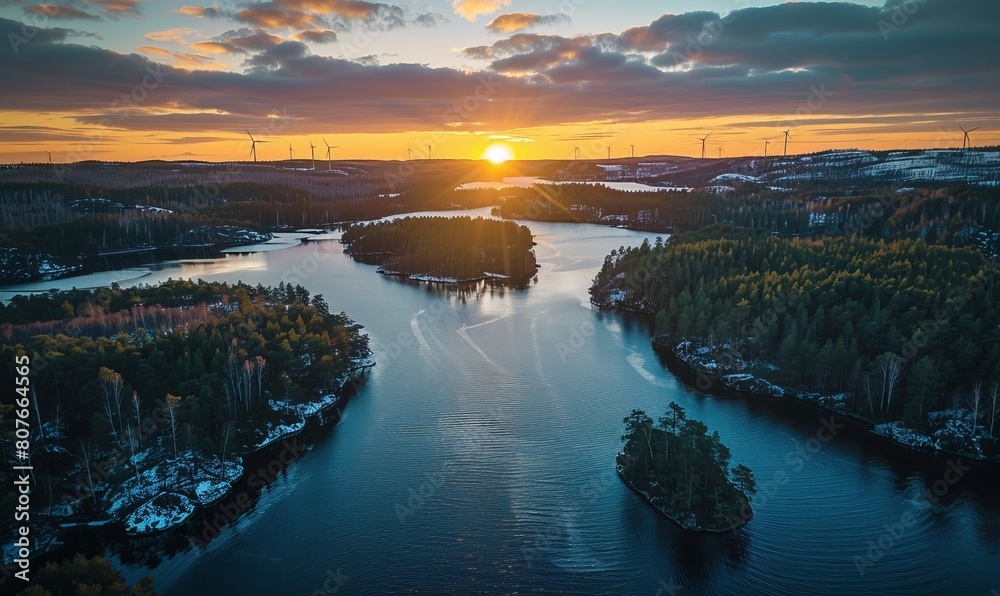 Fototapeta premium Aerial views of windfarm and wind energy station. Finnland