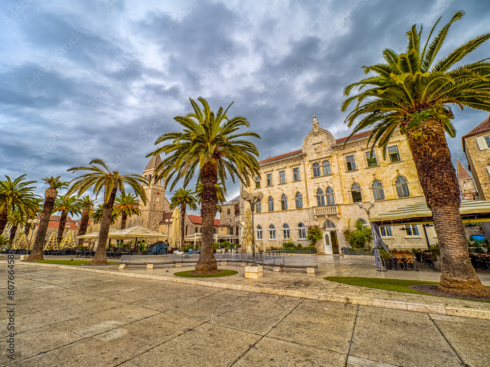 Palm Trees Row Outside Building at Obala bana Berislavića, Trogir, Croatia