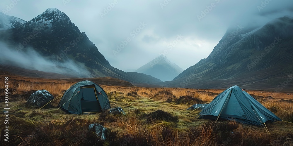 Two Tents pitched up in the Highlands. Camping / Active Lifestyle Concept with Dramatic Mountain Scenery.