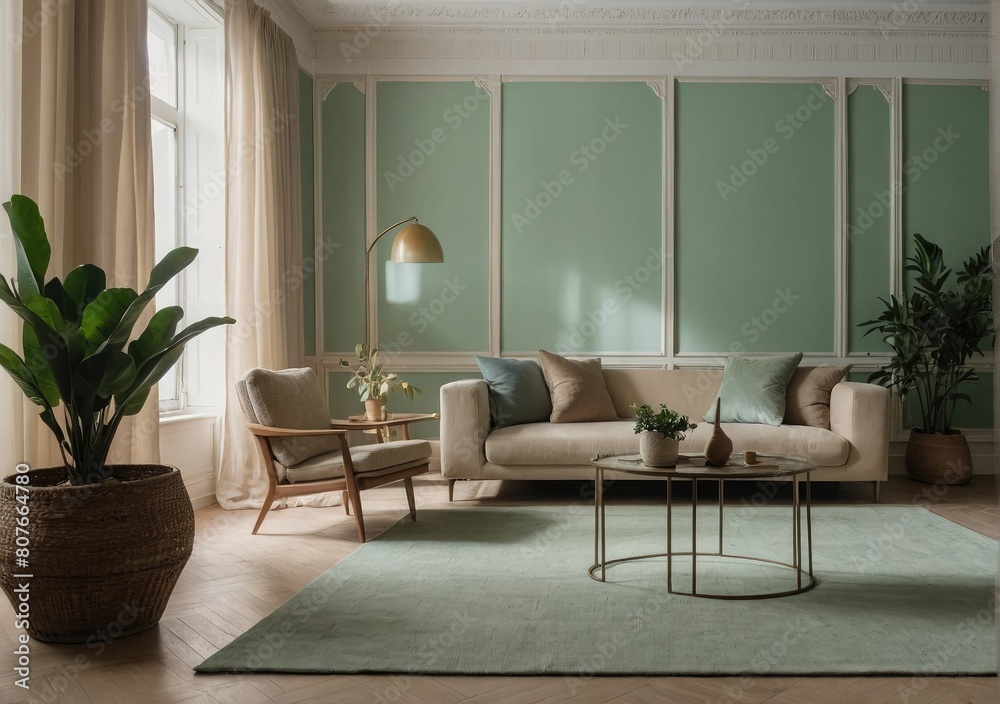 Fototapeta premium Cozy Living Room with Earthy Neutral Tones Modern Decor and Natural Light, beige and dark atmosphere