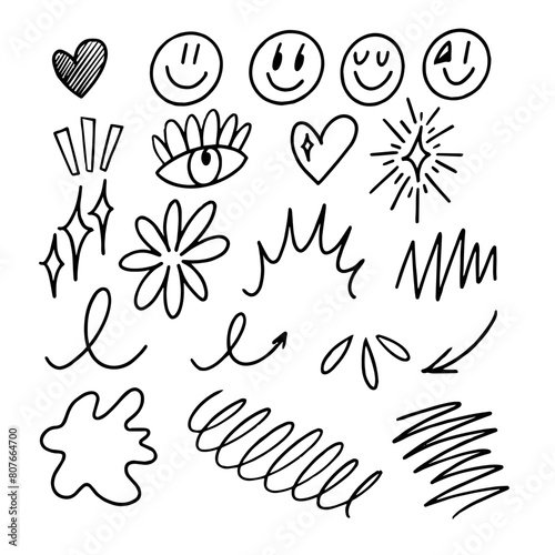 Handdrawn doodles with hearts, smiley faces, flowers, stars, and arrows