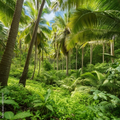 tropical forest with tree,the vibrant colors and textures of a tropical jungle, where palm trees sway amidst the lush green foliage,
