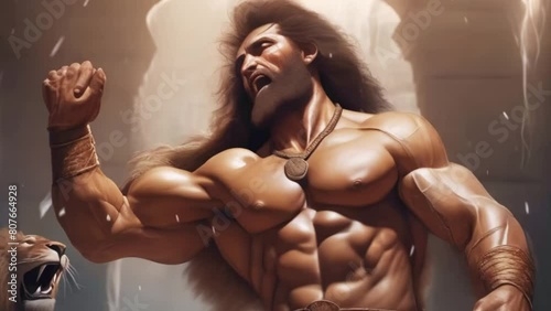Samson or Hercules and the lion, ancient hero performs feat, biblical character, Generative AI, photo