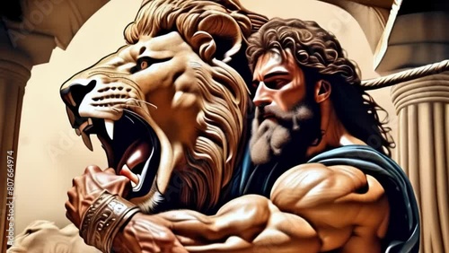 Samson or Hercules and the lion, ancient hero performs feat, biblical character, Generative AI, photo