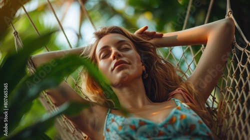 Woman lying in hammock with closed eyes, feeling relaxed